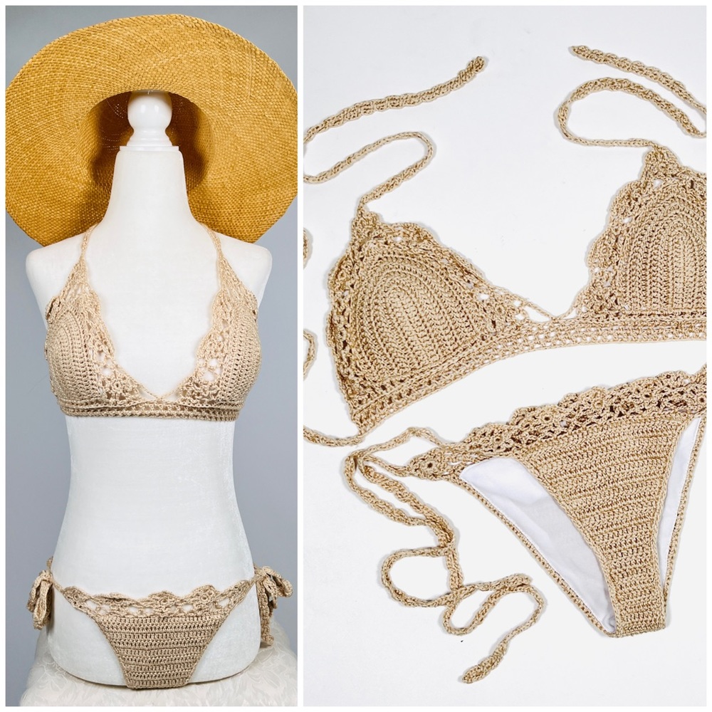 Crocheted cotton blend bikini swimsuit set top bottom